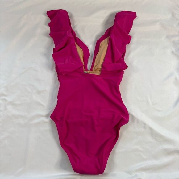 NWT J Crew Ruched Ruffle One Piece Swimsuit Pink Size 20 V Neck Barbie Bright - Picture 6 of 6